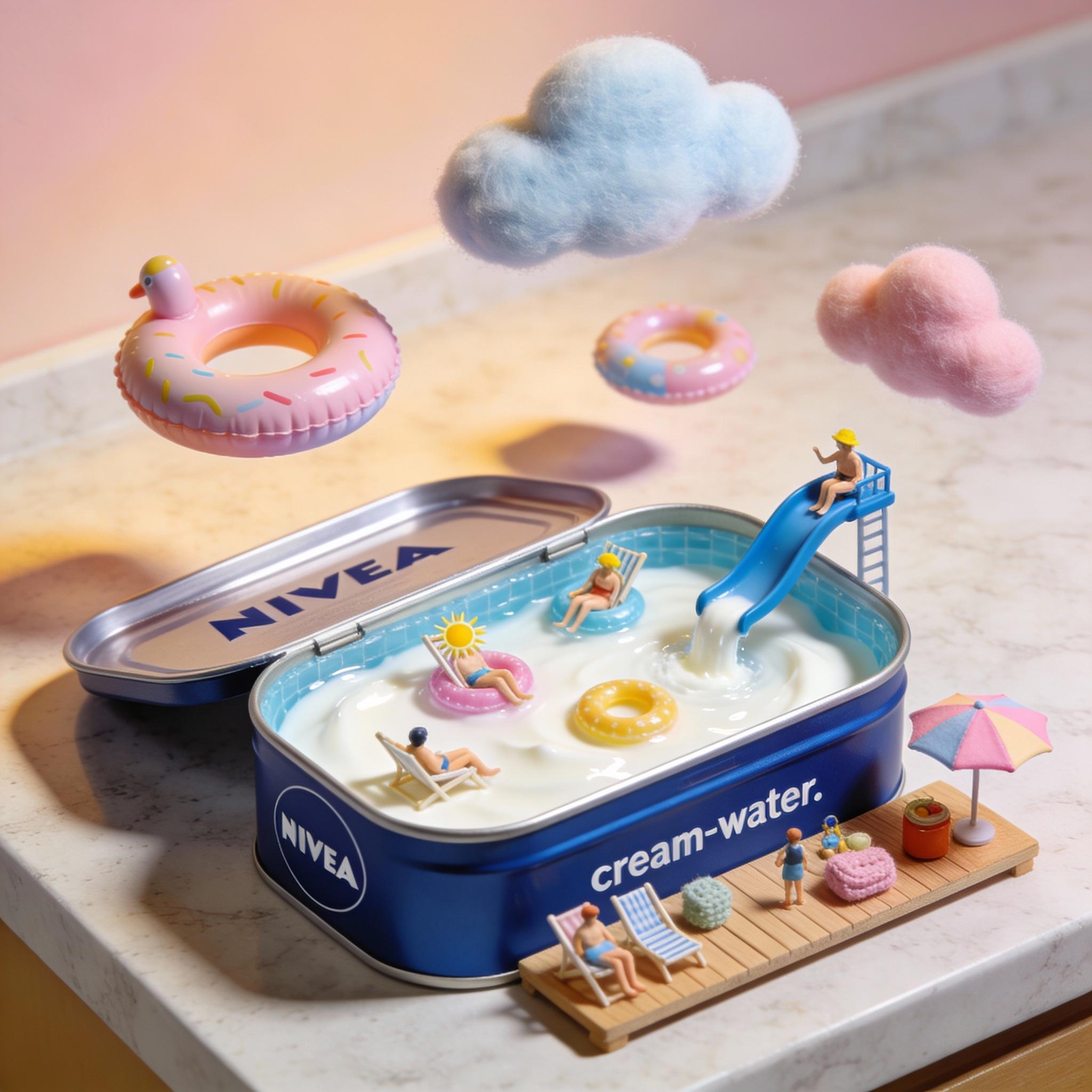Nano Banana miniature collage showing tiny figures swimming inside a Nivea-style cream tin