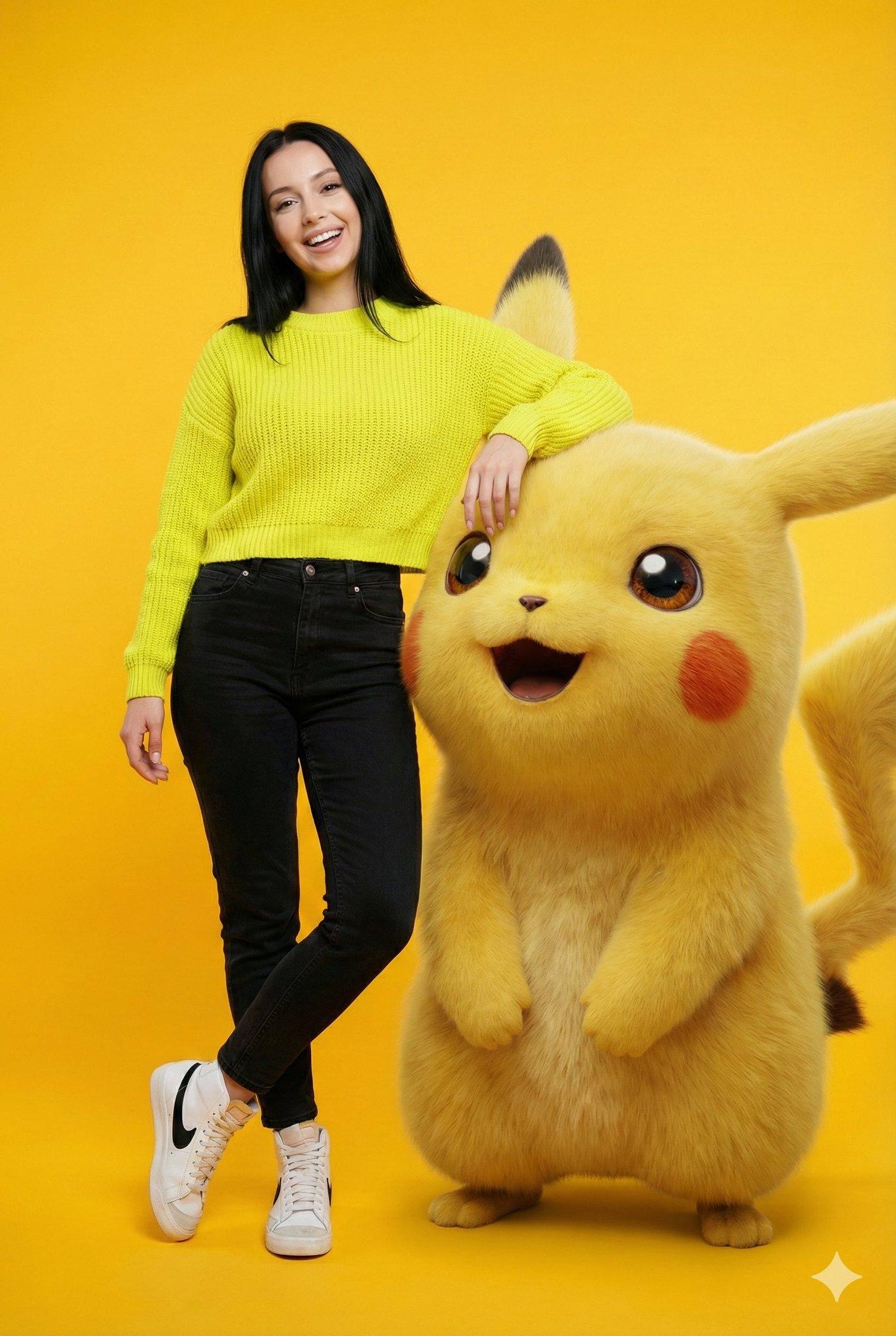 Person posing with giant 3D Tom and Jerry with face preserved